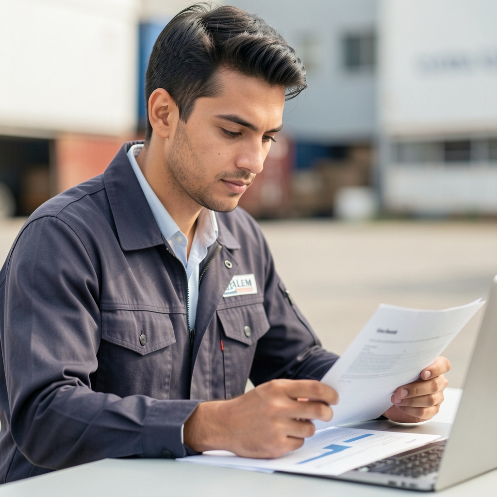 Portrait of a Kalem logistics team member — person reviewing printed supply chain documents at a light desk, calm and focused, professional setting