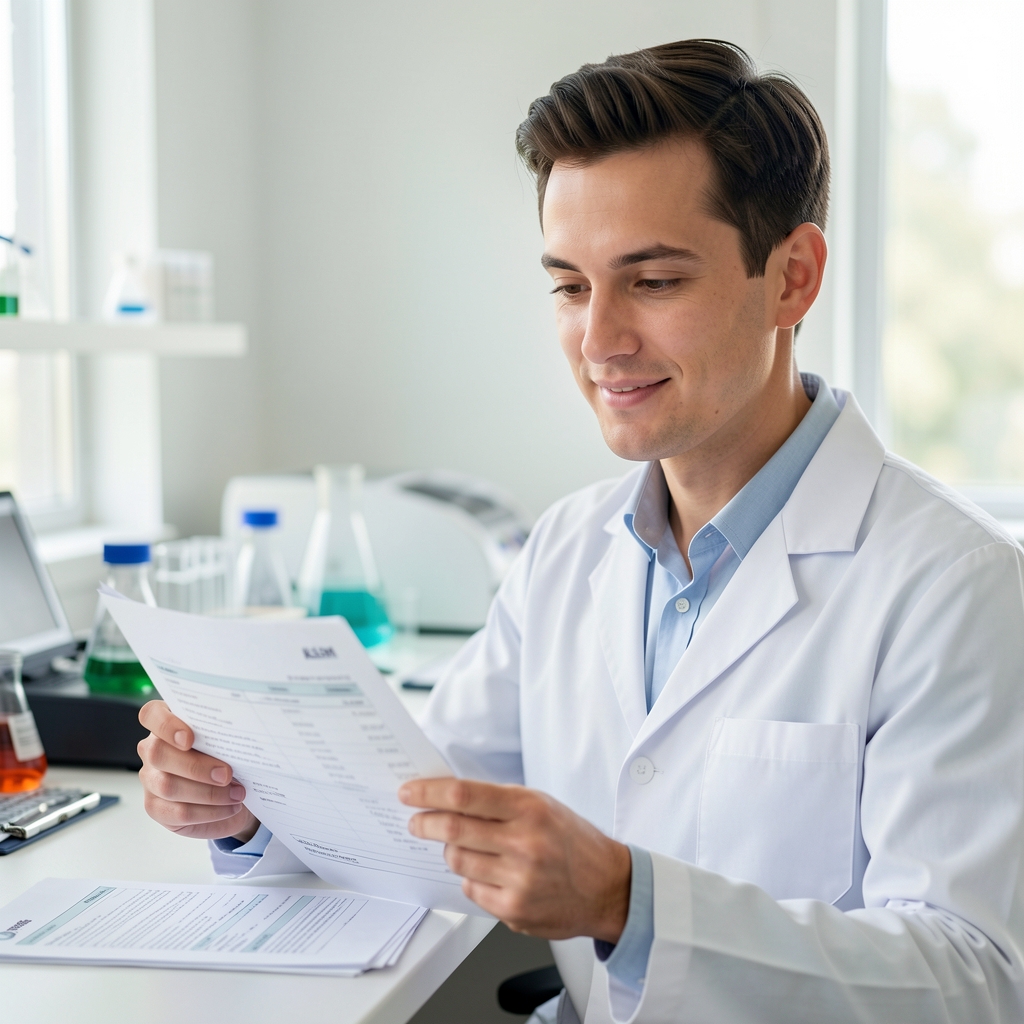 Portrait of a Kalem quality assurance team member — reviewing printed laboratory test results in a clean bright workspace with minimal desk equipment