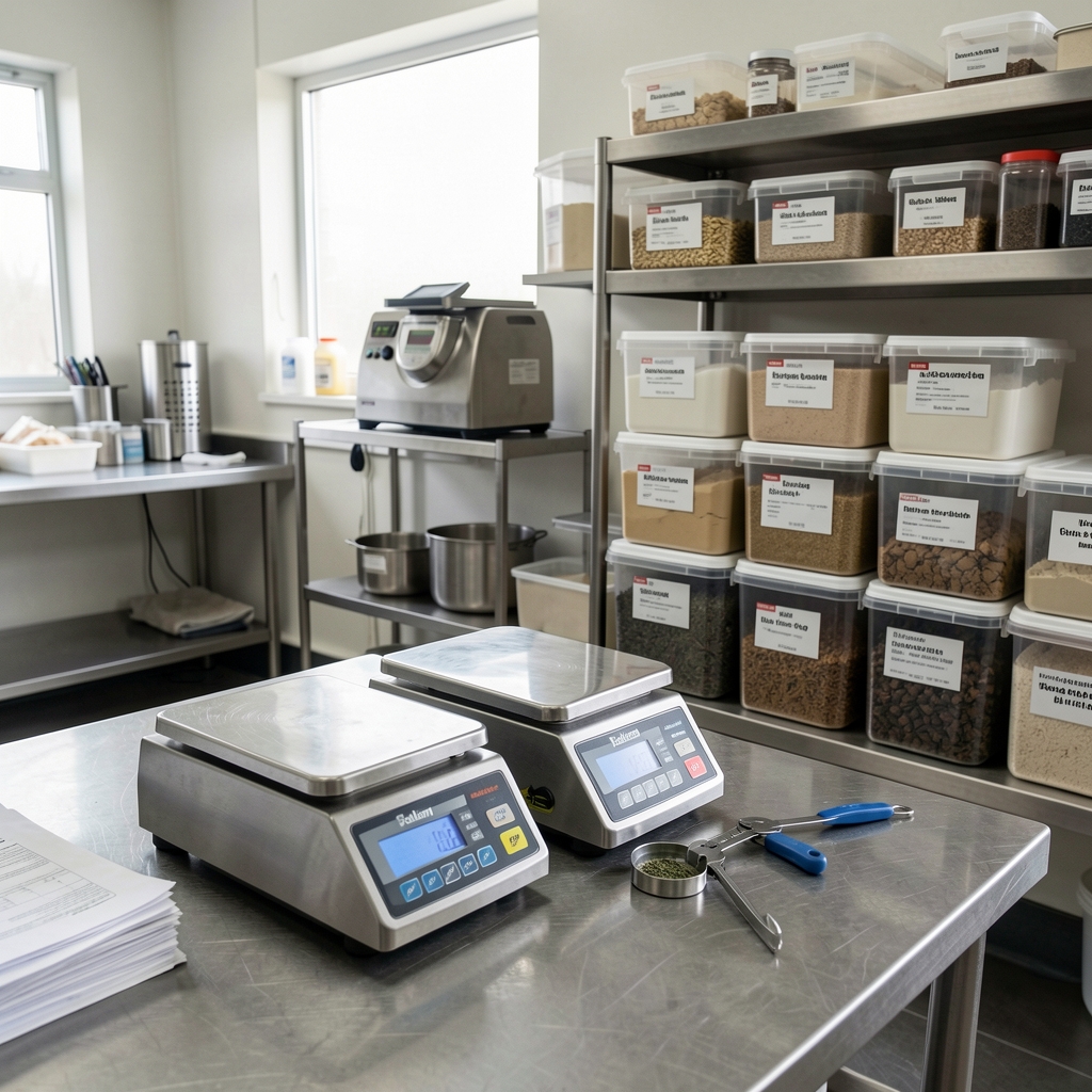 Kalem production preparation area — stainless steel weighing scales, measurement tools, and ingredient storage with printed labels in an orderly food-grade workspace environment
