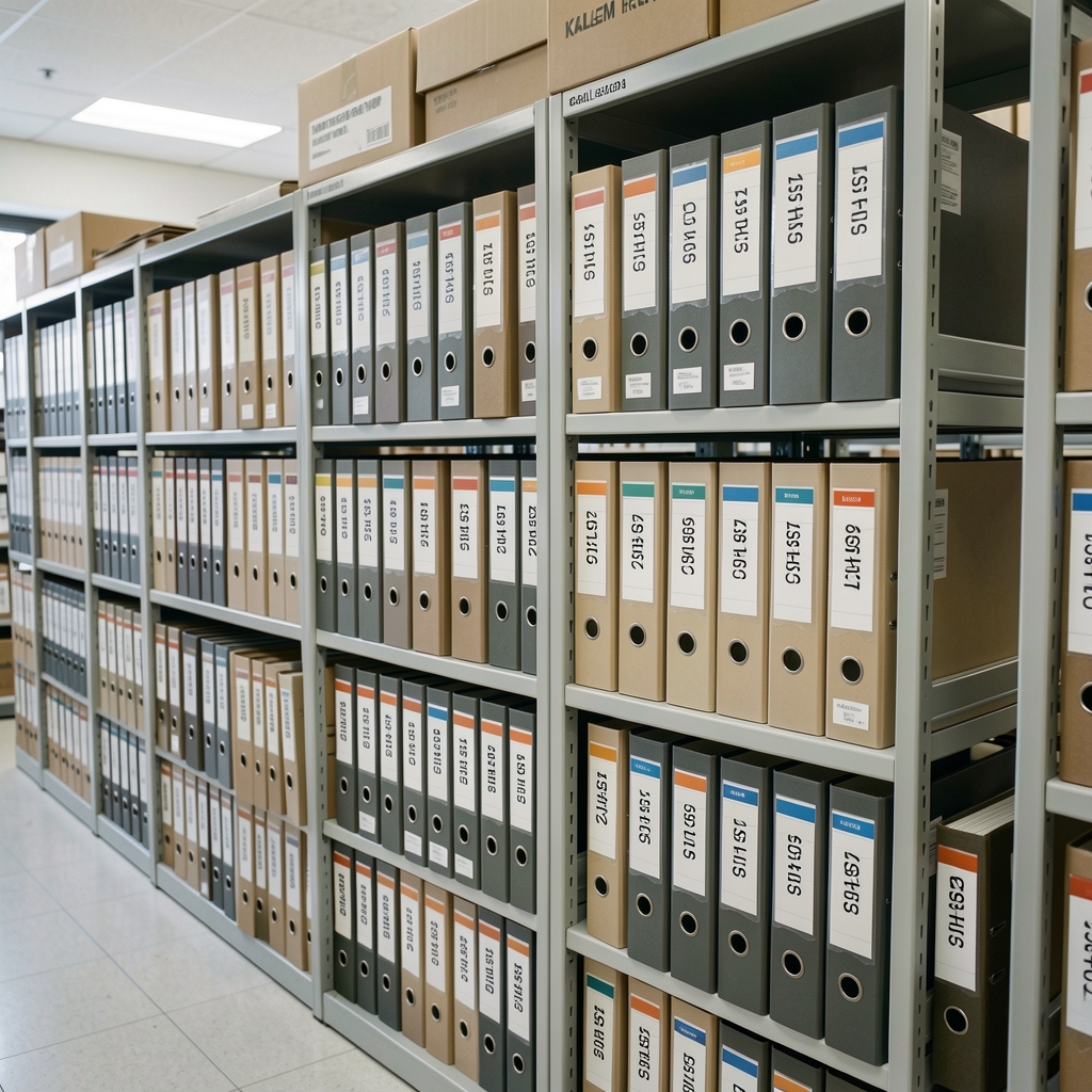 Kalem lot record archive — rows of filed batch documentation folders with visible batch code labels on the spines, ordered chronologically in a clean administrative storage environment