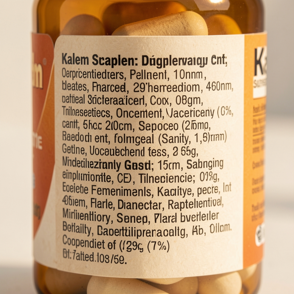Close-up of a Kalem supplement capsule label — printed ingredient list with individual concentration values, warm paper texture, precise typography in natural light