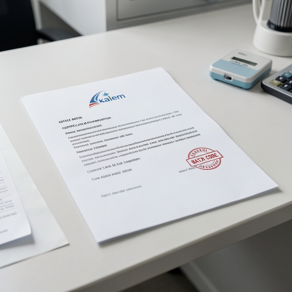 Kalem batch documentation and certificate of composition — printed A4 documents with batch code stamp on a clean desktop, quality-control environment