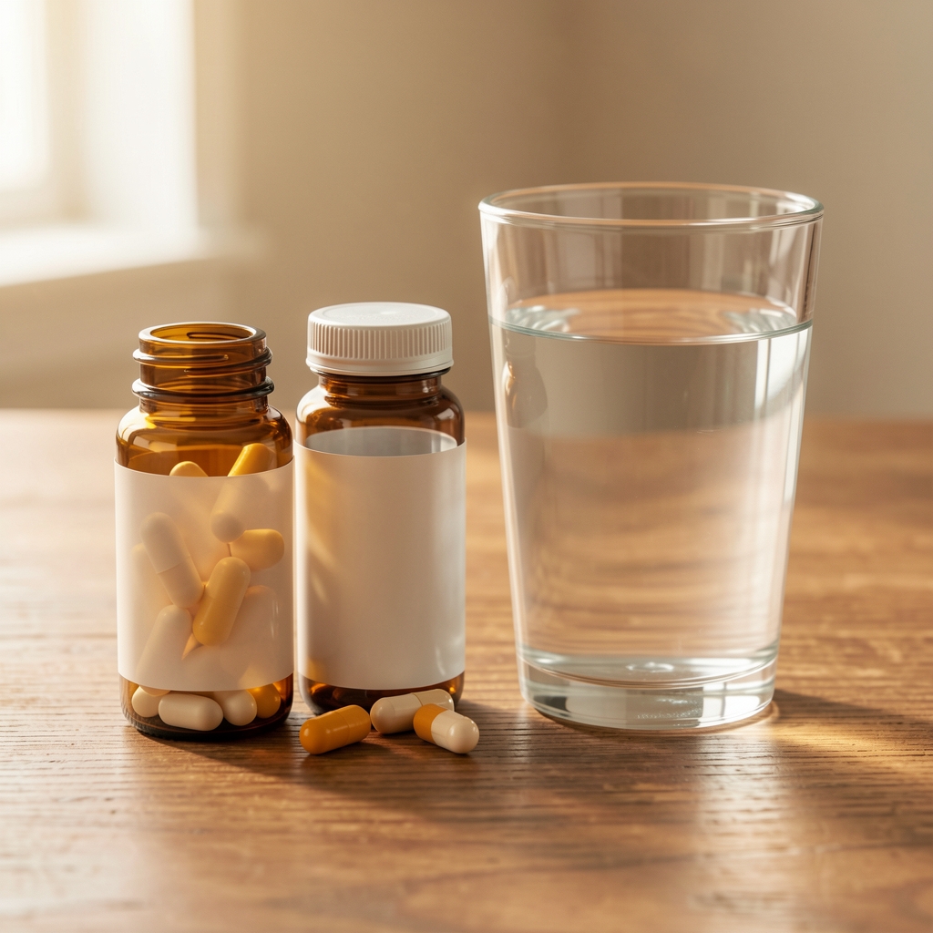 Kalem Energy Metabolism Complex supplements — two capsule bottles beside a morning glass of water on a wooden table, warm diffused light, minimal composition