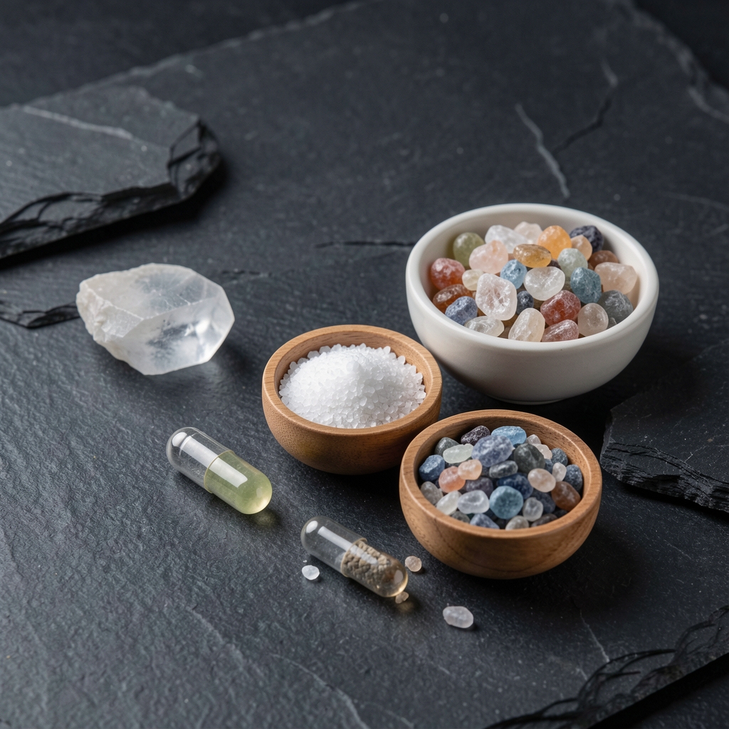 Kalem Immune and Cell Protection Complex — ingredient component display on a dark stone surface, individual capsule beside small bowls of zinc and selenium mineral samples under studio lighting