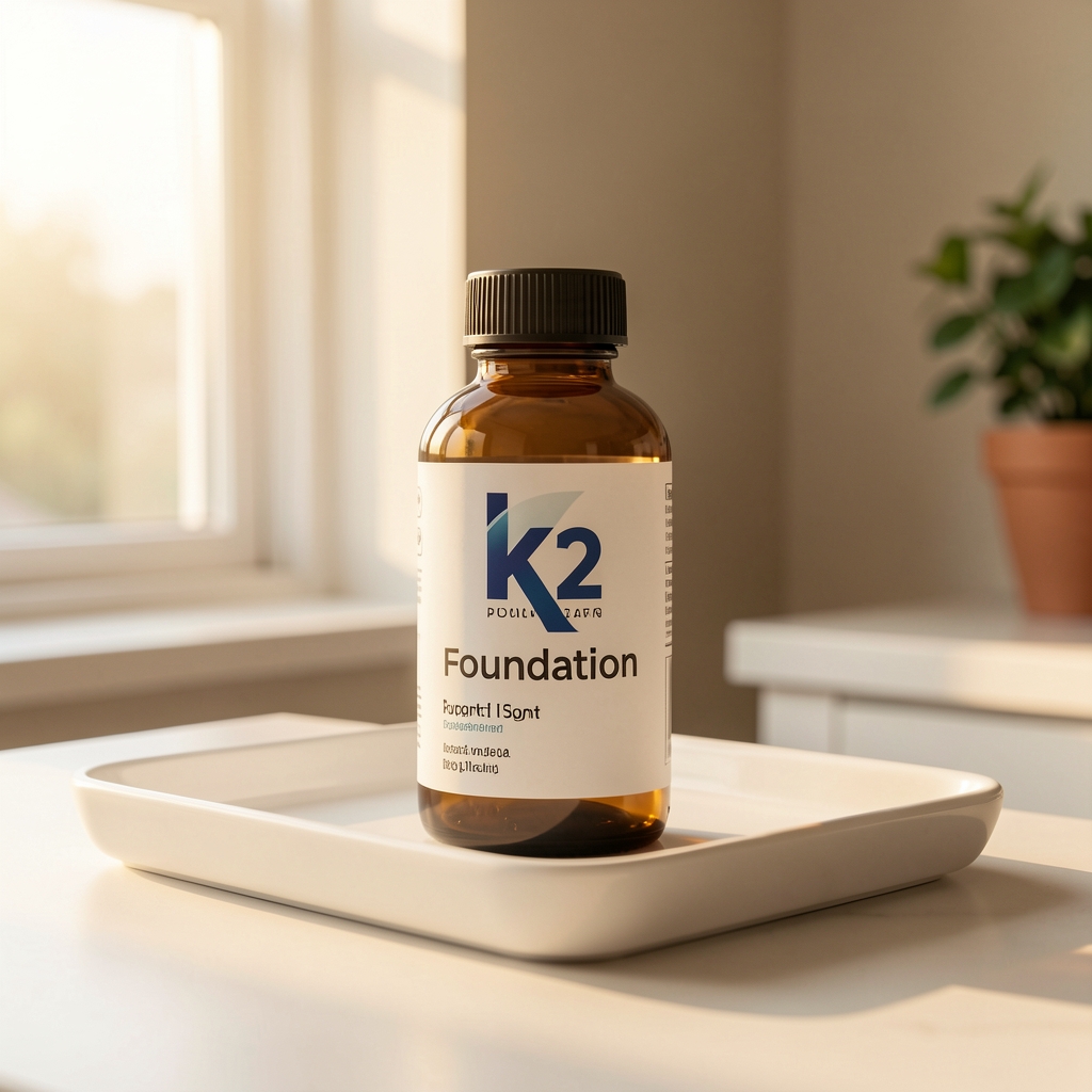 Kalem Vitamin D3 and K2 Foundation supplement product — single amber bottle with label against a pale warm window light, clean white ceramic tray surface, morning household context